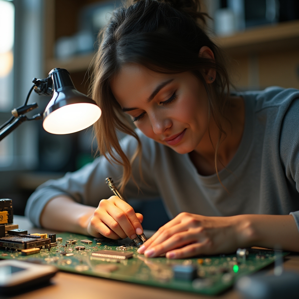 Técnico revisando una placa electrónica con herramientas de precisión