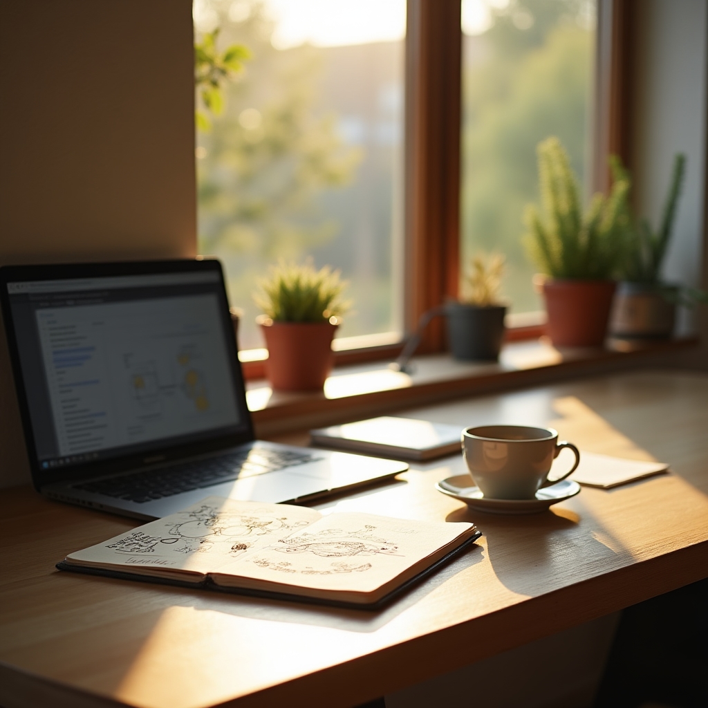 Escritorio de oficina con materiales de estudio sobre economía circular y una notebook abierta