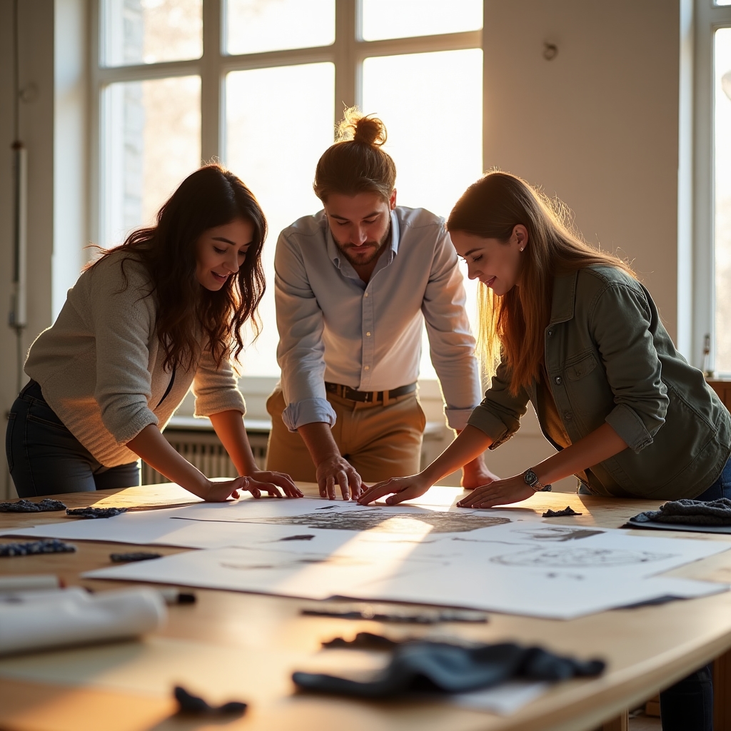 Equipo de trabajo revisando bocetos de diseño circular sobre una mesa luminosa