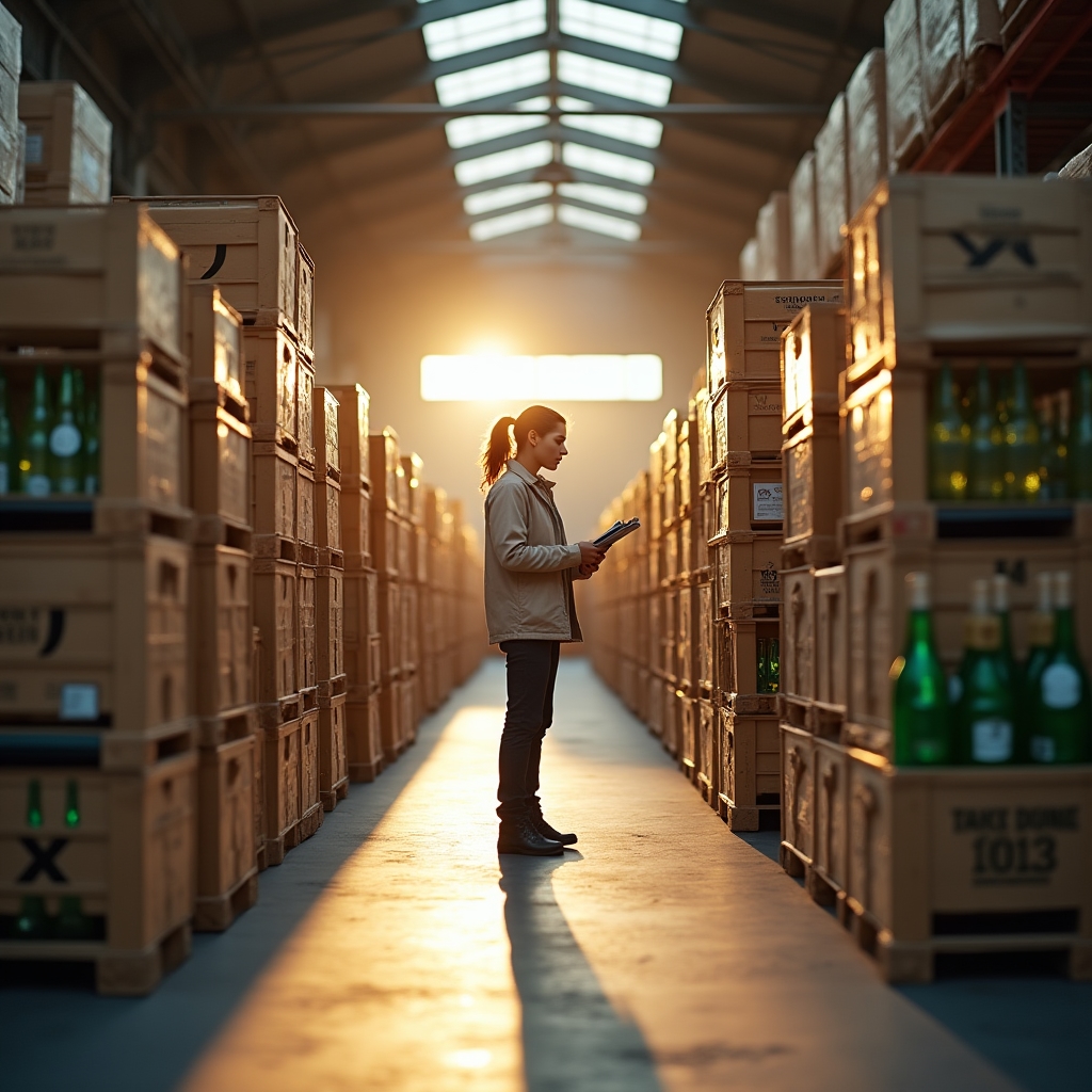 Botellas de vidrio retornables apiladas en cajones plásticos en un depósito