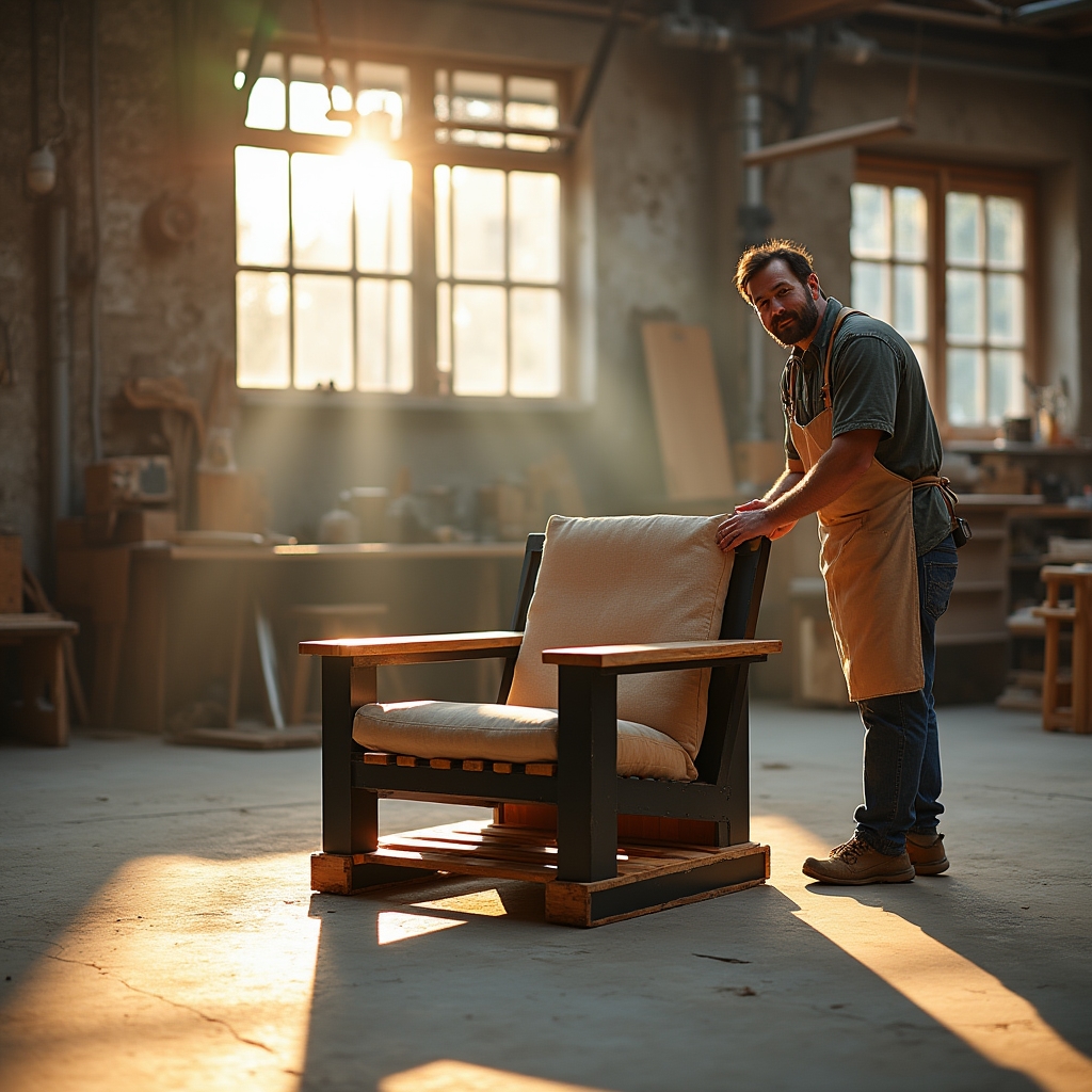 Mueble artesanal construido con maderas recuperadas en un taller luminoso