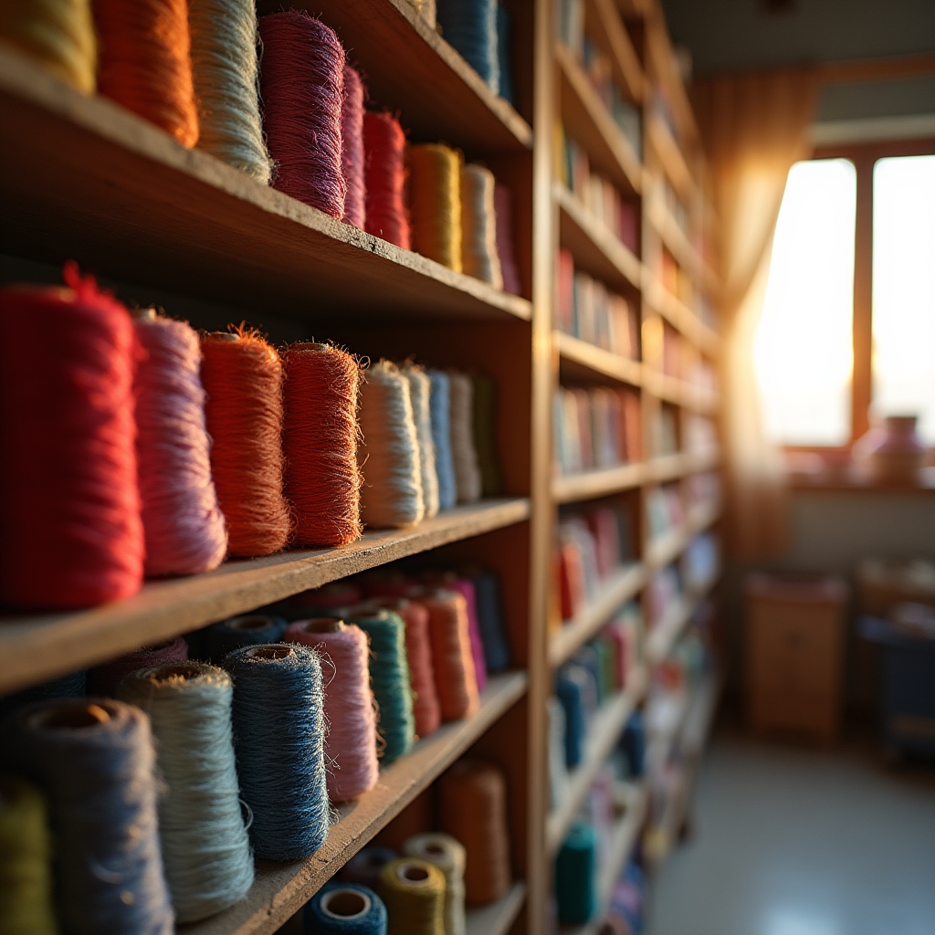 Hilados de colores naturales dispuestos en conos sobre un estante de taller textil