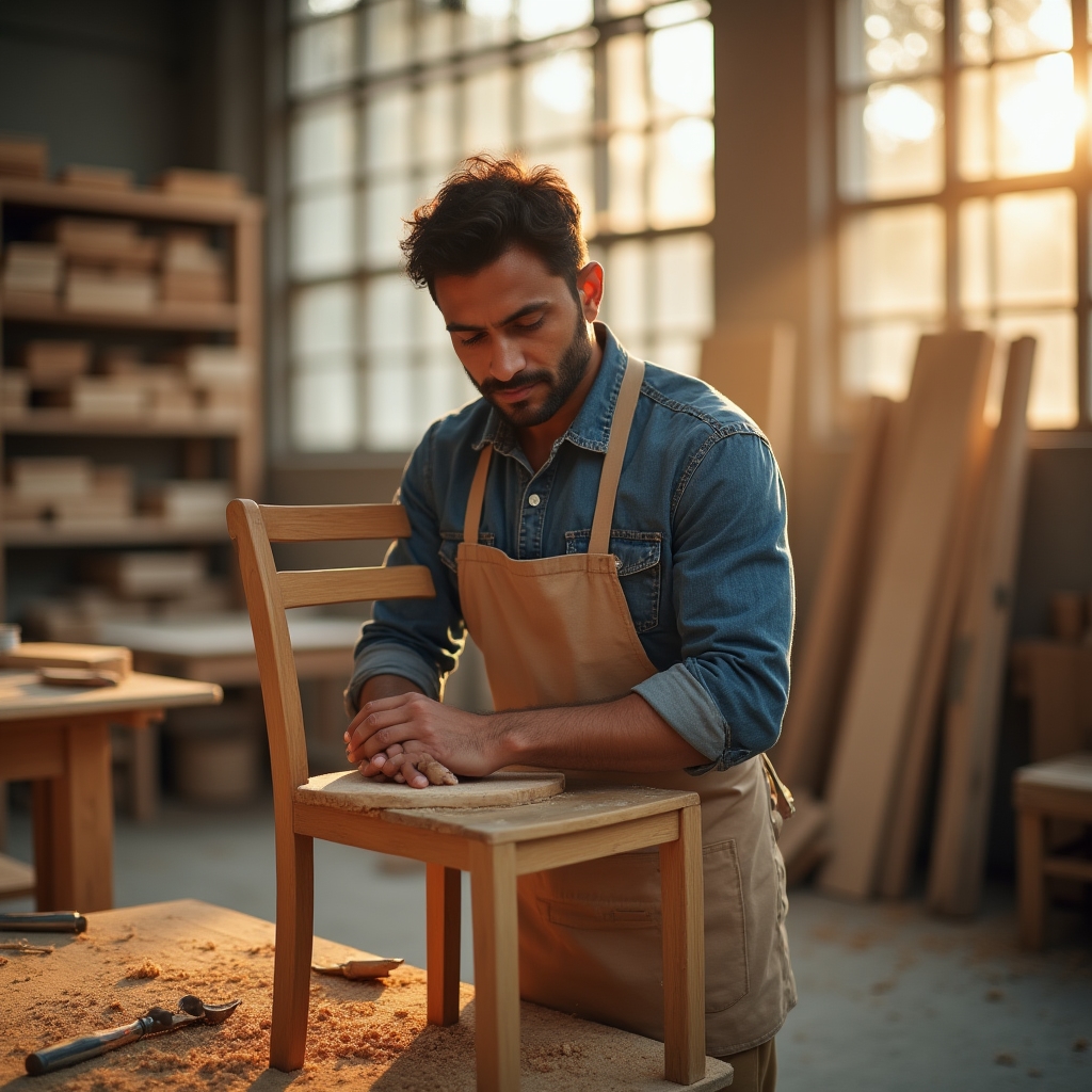 Persona reparando una silla de madera en un taller comunitario luminoso